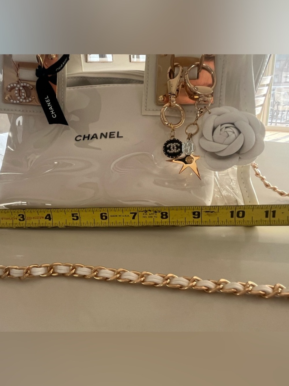 Custom Upcycled Chanel Beauté Clear Bag - Authentic Charms, Ribbon & Makeup Bag - Picture 6 of 16